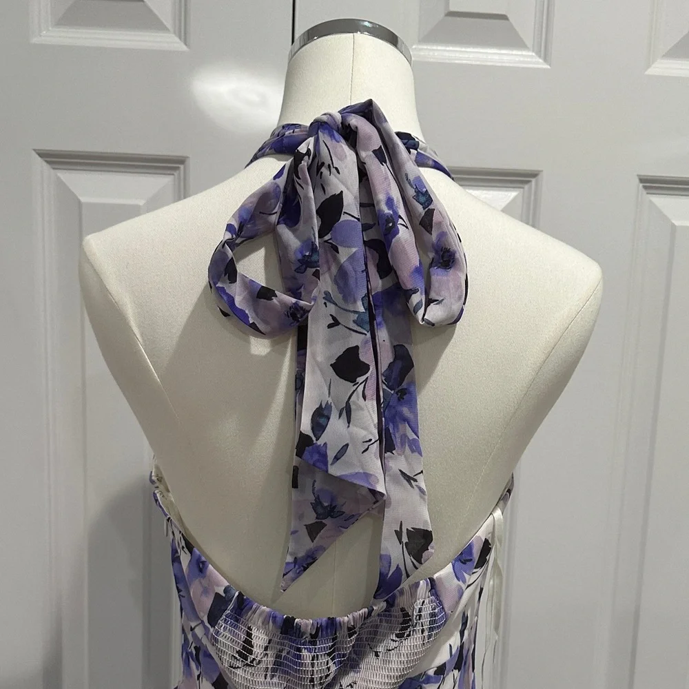 Eliza J Purple Floral Halter Tie Pleated Wedding Guest Party Maxi Dress Size 8 - Picture 8 of 16